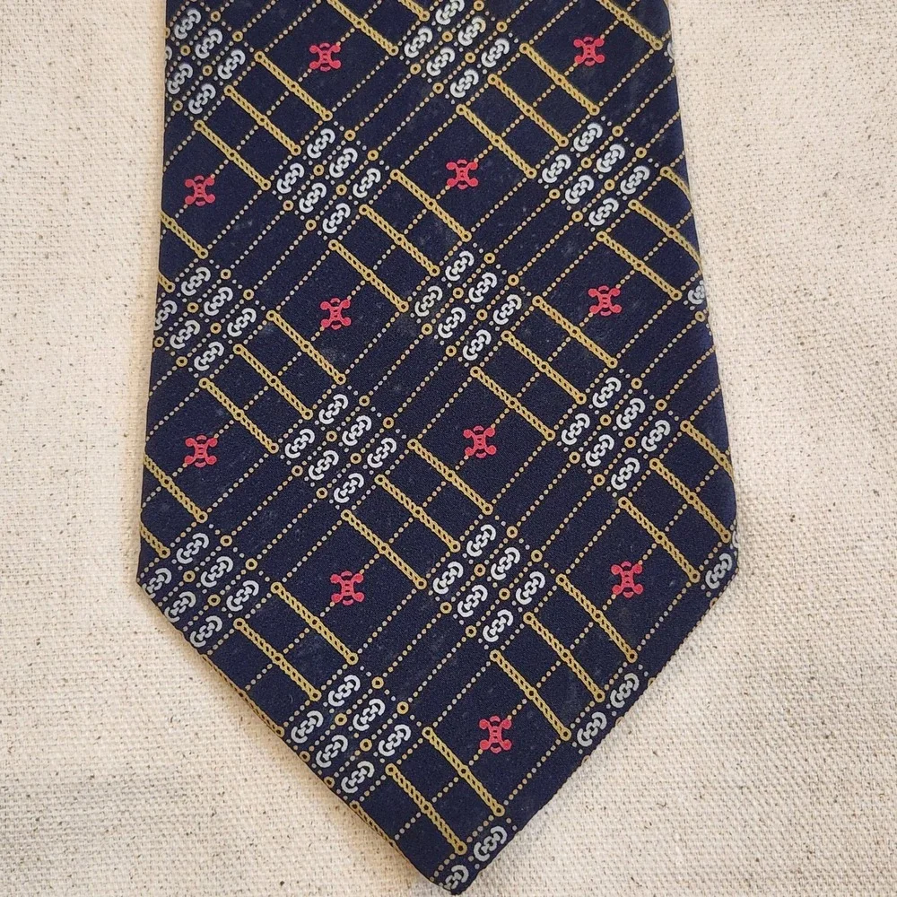 Vintage Celine Paris Silk Tie Navy Blue with Gold Chain & Sulky Horse Emblem